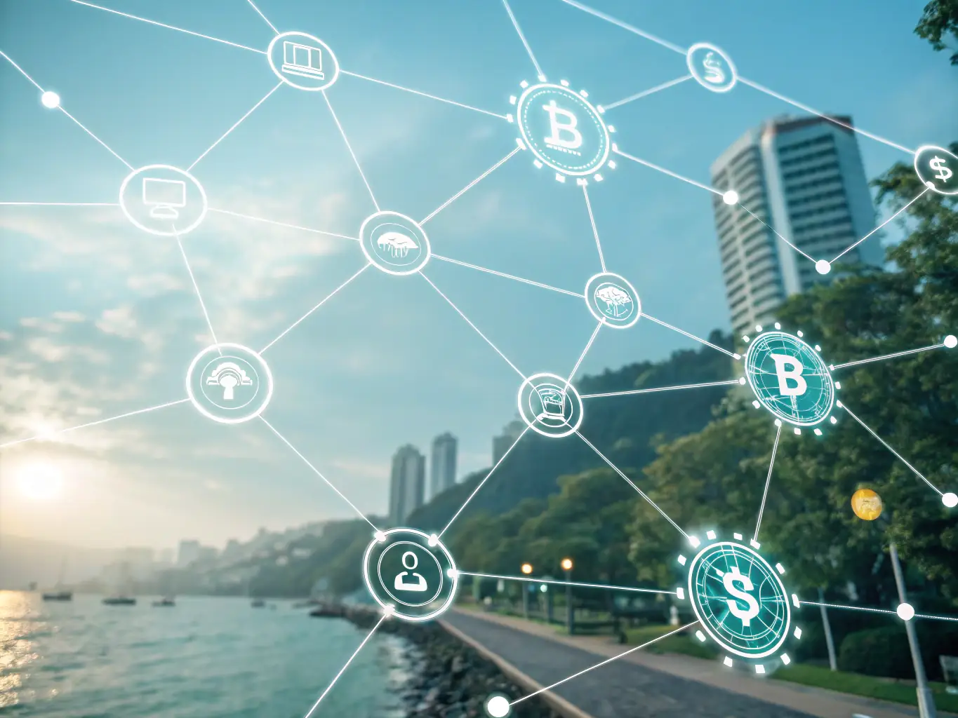 A stylized graphic depicting a blockchain network with interconnected nodes, each representing a secure connection point for Surge's eSIM service. The image emphasizes the decentralized and encrypted nature of the network.
