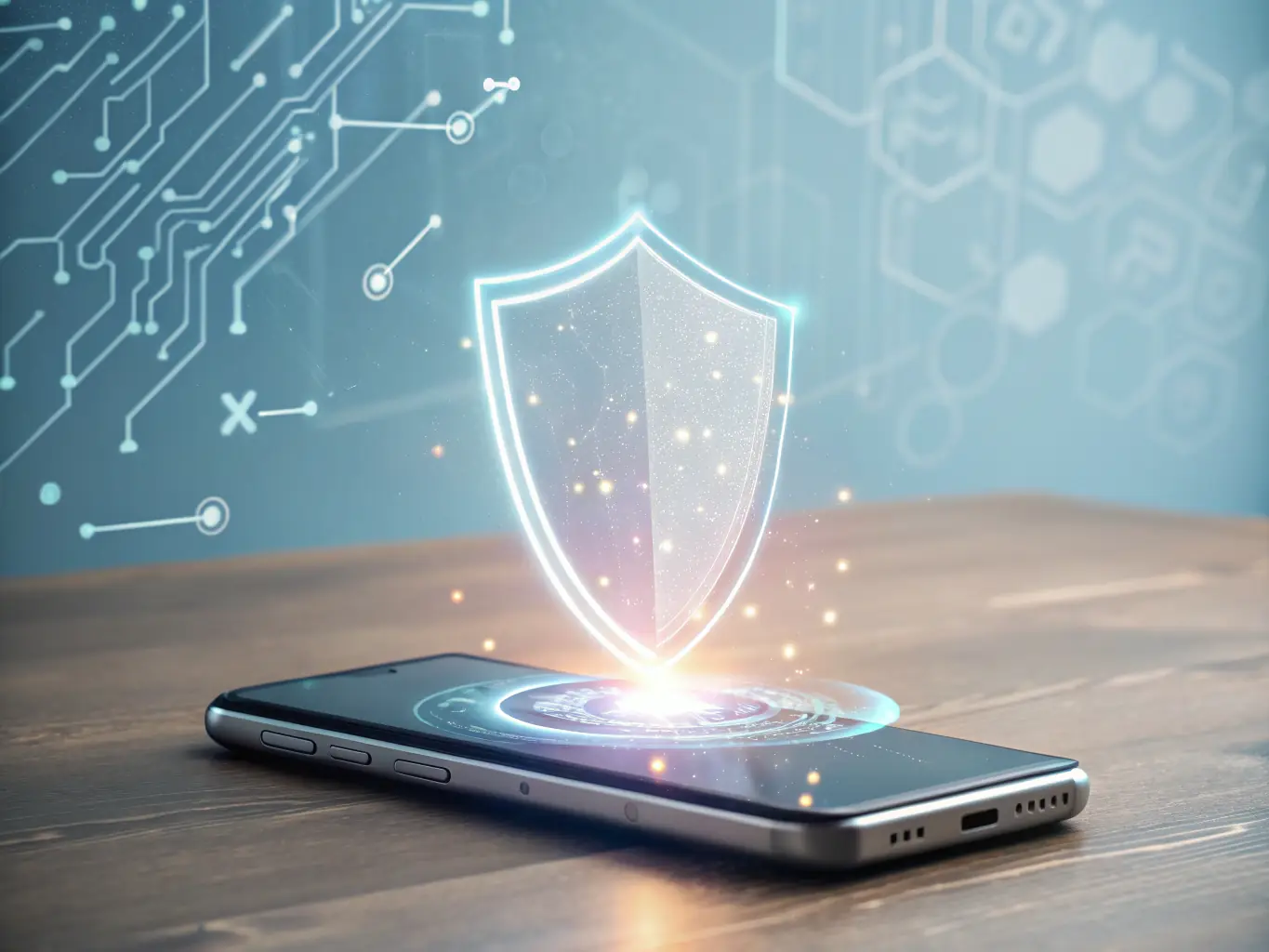 An illustration of a digital shield overlaid on a smartphone, symbolizing the robust security measures protecting Surge's eSIM service from cyber threats and unauthorized access.